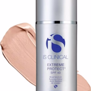 A silver bottle of Is Clinical Extreme Protect SPF 40 is placed next to a beige sunscreen smear, highlighting the product’s texture and color.