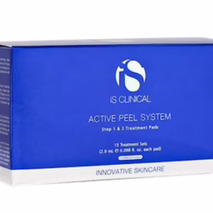 The Is Clinical Active Peel System comes in a blue and white box labeled Step 1 & 2 Treatment Pads and INNOVATIVE SKINCARE, with 15 sets of skincare pads inside.