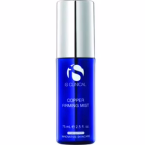 A blue bottle with a silver cap labeled Is Clinical Copper Firming Mist, 75 mL (2.5 fl. oz.) from Innovative Skincare.