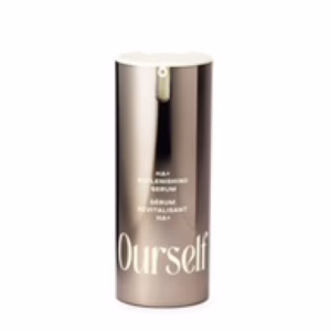 A metallic cylindrical bottle of Ourself HA + Replenishing Serum, 30mL, with a white pump top and light text on the front, shown on a white background.