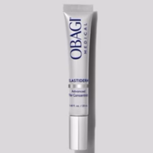 A silver tube of Obagi advanced filler concentrate, labeled “Advanced Filler Concentrate,” stands upright against a light gray background.