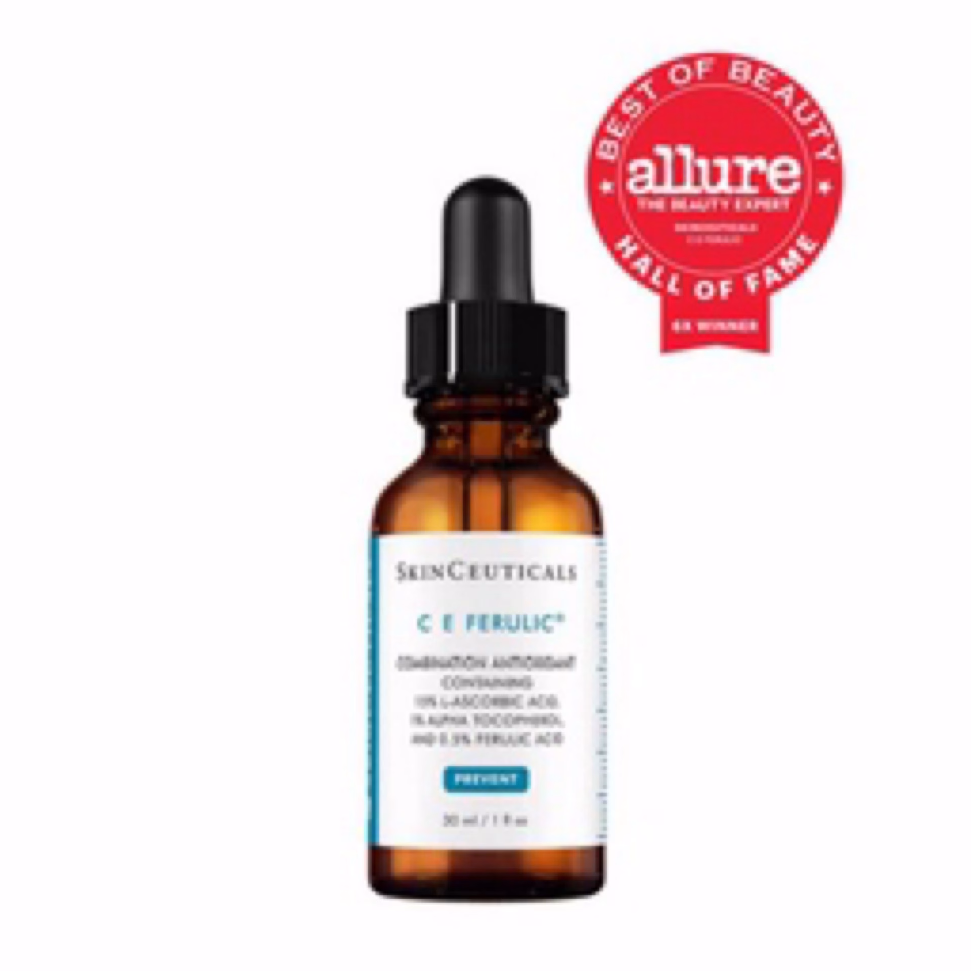 A brown glass dropper bottle of Skinceuticals CE Ferulic is shown beside a red Allure Best of Beauty Hall of Fame badge, with the label displaying the product name and key ingredients.