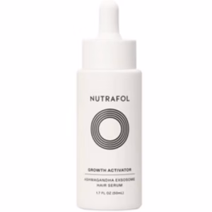 A white 1.7oz bottle of Nutrafol Hair Grow Activator serum with a dropper lid features the brand name, circular line design, and product details in black text on the label.