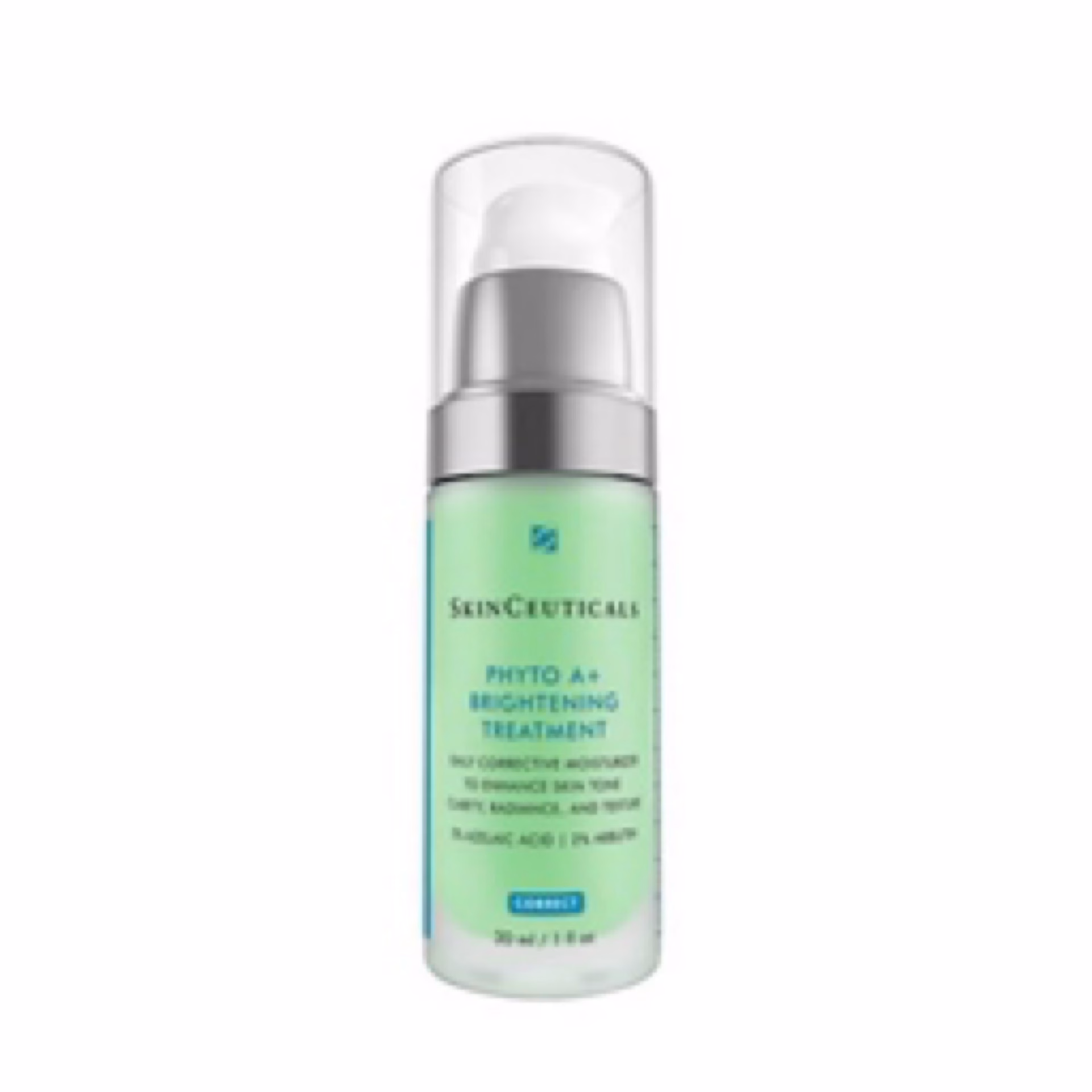 A 30 ml (1 fl oz) bottle of Skinceuticals Phyto A Brightening Treatment features a green label, clear cap, and pump dispenser.