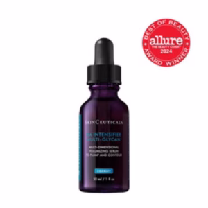 A blue and purple dropper bottle labeled SkinCeuticals H.A. Intensifier Multi-Glycan sits beside a red circular badge that reads Allure Best of Beauty Award Winner 2024.