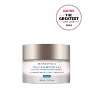 A jar of Skinceuticals Triple Lipid Restore with a silver lid and white label featuring blue and green text, shown beneath a Beauty Inc The Greatest Skin Care 2024 award badge.