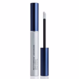 A tube of Revitalash Revitabrow Advance Brow Serum 3 Month with a blue lid, white body, and black sponge-tip applicator stands upright beside its open cap.