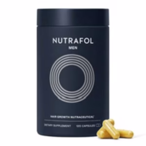 A dark blue bottle labeled Nutrafol Men 3 Months with a circular design contains 120 hair growth capsules; three yellow capsules are displayed next to it.