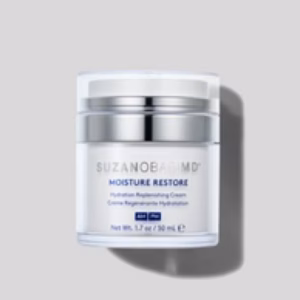 A clear and white jar of Suzan Obagi moisture restore is shown on a light gray background. The label identifies it as a hydration replenishing cream in a 50 mL container.