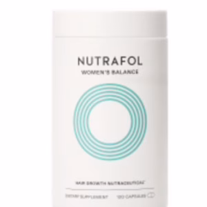 A white bottle of Nutrafol Women’s Balance 1 Month dietary supplement with a teal circular design and black label text contains 120 capsules for hair growth support.