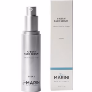 A silver bottle of Jan Marini C-Esta Face Serum with a pump stands beside its white and blue box. Both show the product name, brand logo, and “STEP 2.”.